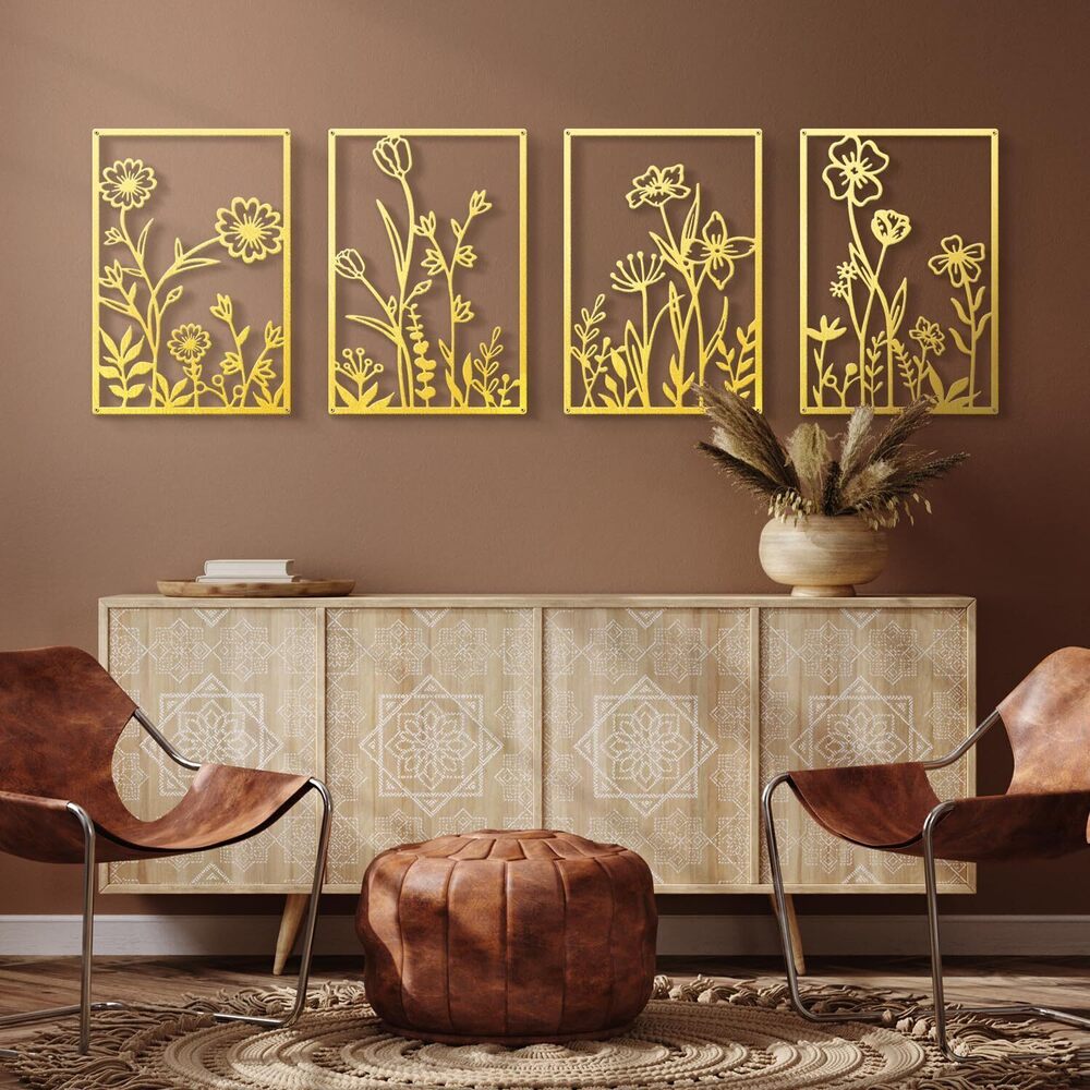 5421 Gold Metal Flowers Wall Decor, Minimalist Floral Metal Wall Hanging